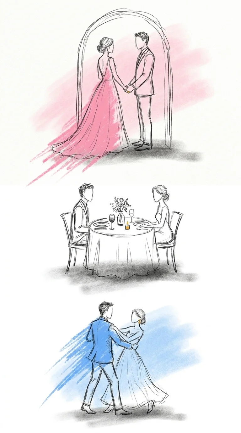 En vertikal sekvens av bröllopskvällens ögonblick, en ceremoni, ett dukat middagsbord och ett dansgolv, staplade för att antyda kvällens gång från tidigt till sent, i Lovios rosa och blå illustrationsstil