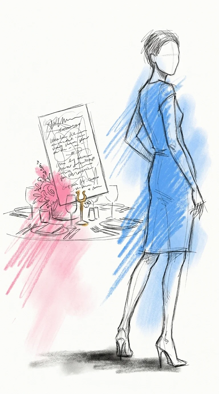 En bordsskylt så full av text att den ser rörig och svårläst ut, en gäst kastar en snabb blick på den och tittar bort utan att lägga märke till den, i Lovios rosa och blå illustrationsstil