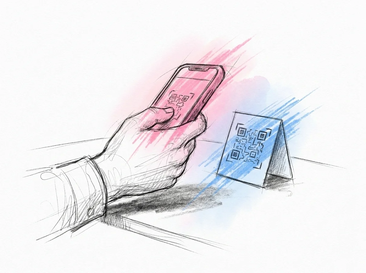 Närbild bakom en gästs axel, en hand håller en telefon med kameran öppen mitt i att skanna en QR-kod på ett bordskort, i Lovios rosa och blå illustrationsstil