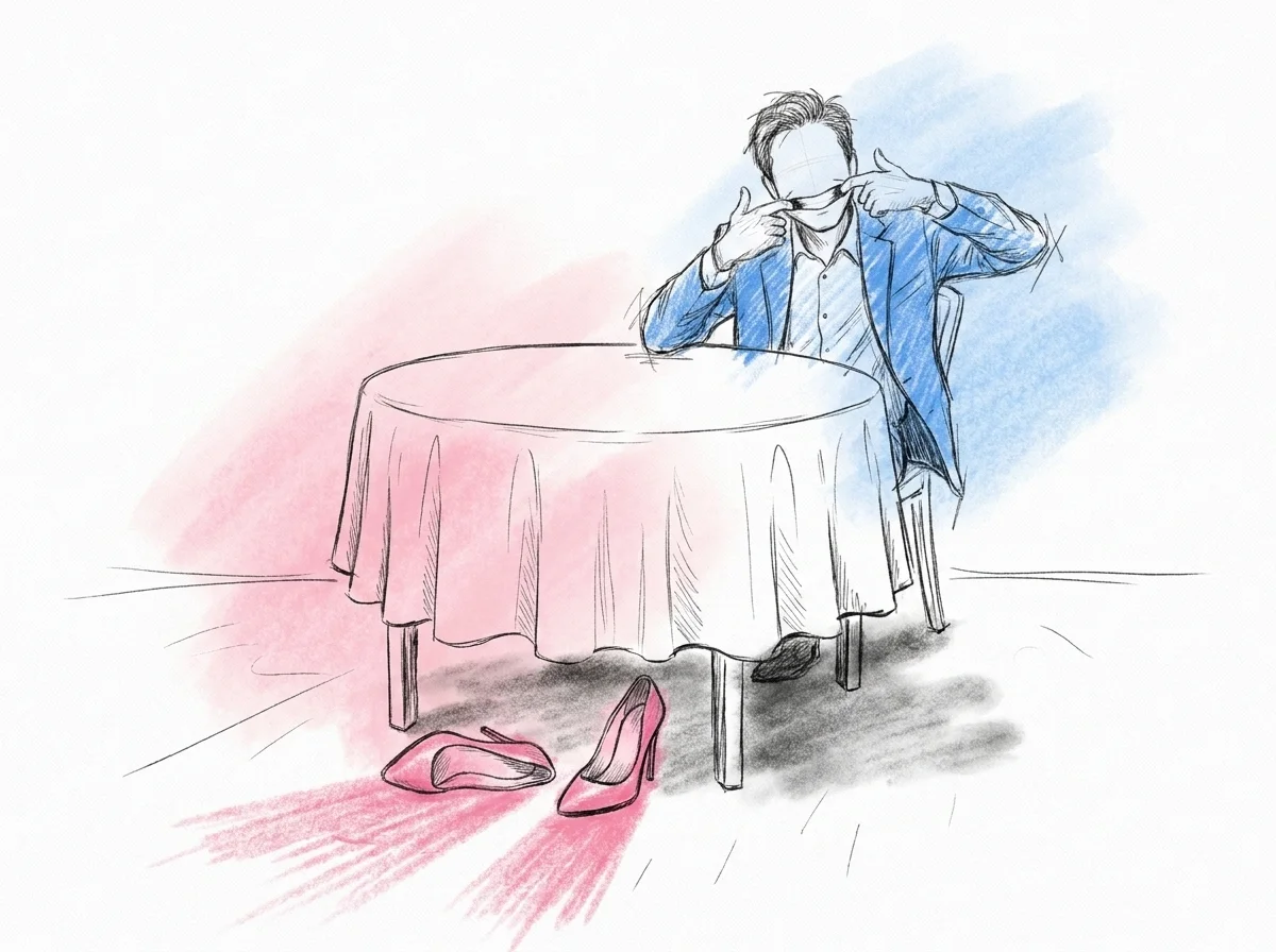 Ett par skor som kickats av under dinnerbordet, ett lekfullt och spontant ögonblick från bröllopsfesten, i Lovios rosa och blå illustrationsstil
