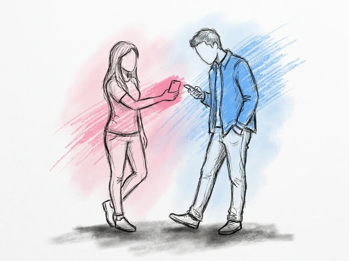 Två vänner med mobilerna framme där den ena visar den andra ett kort meddelande på skärmen, avslappnat och vardagligt, i Lovios rosa och blå illustrationsstil