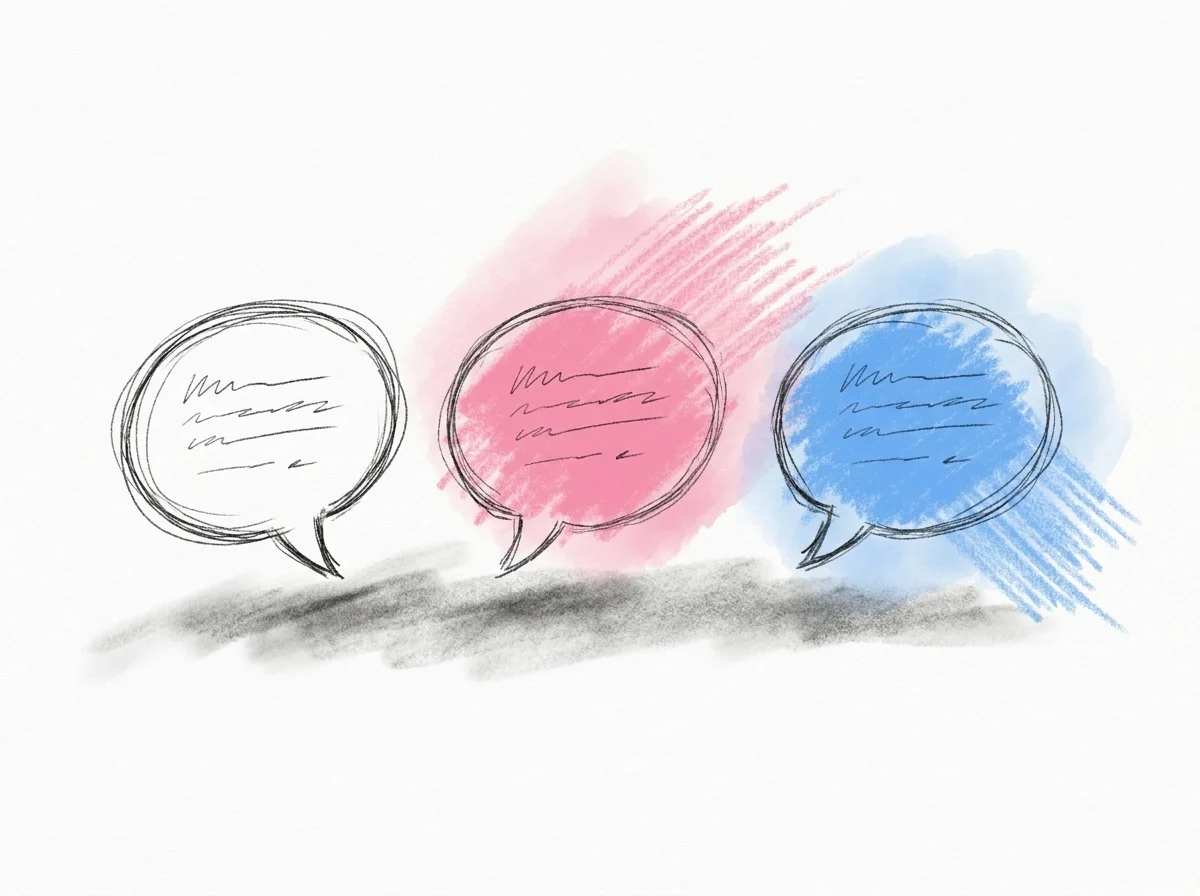 Flera separata mobiler och pratbubblor bredvid varandra, var och en med sin egen enskilda konversation i stället för en gemensam gruppchatt, i Lovios rosa och blå illustrationsstil