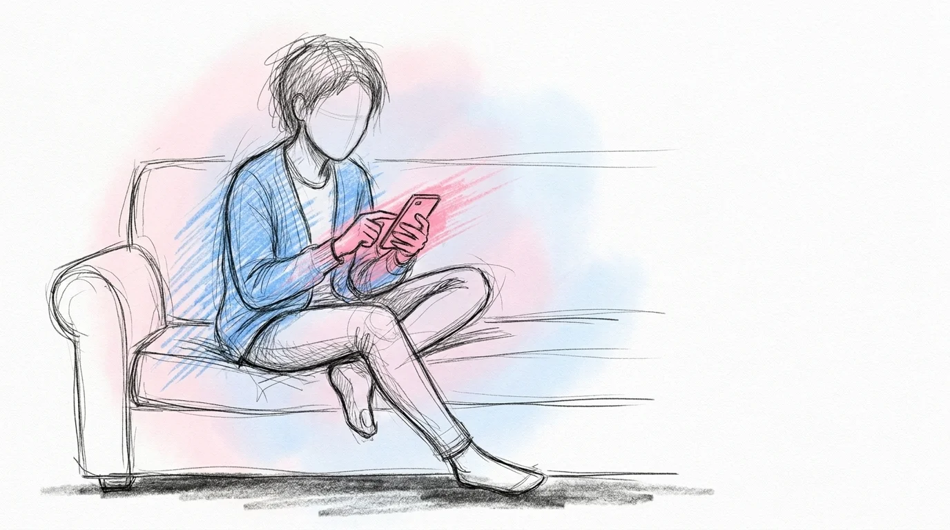 Person som sitter tyst med sin mobil och skriver en fråga till sin tärna eller best man inför bröllopet, i det eftertänksamma ögonblicket precis innan hen trycker på skicka, i Lovios rosa och blå illustrationsstil
