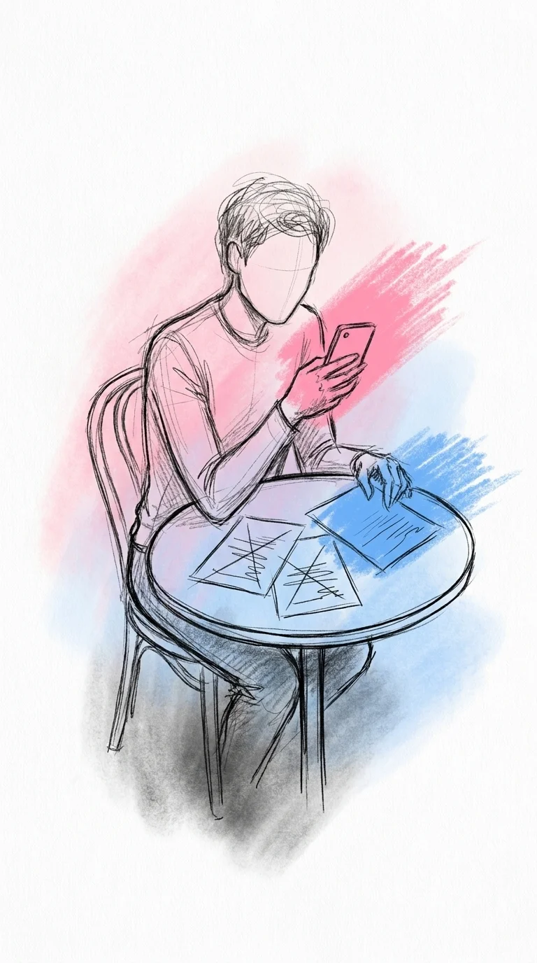 Person vid ett bord med ett par överstrukna utkast till meddelanden, i färd med att välja en kortare och mer personlig version att skicka, i Lovios rosa och blå illustrationsstil