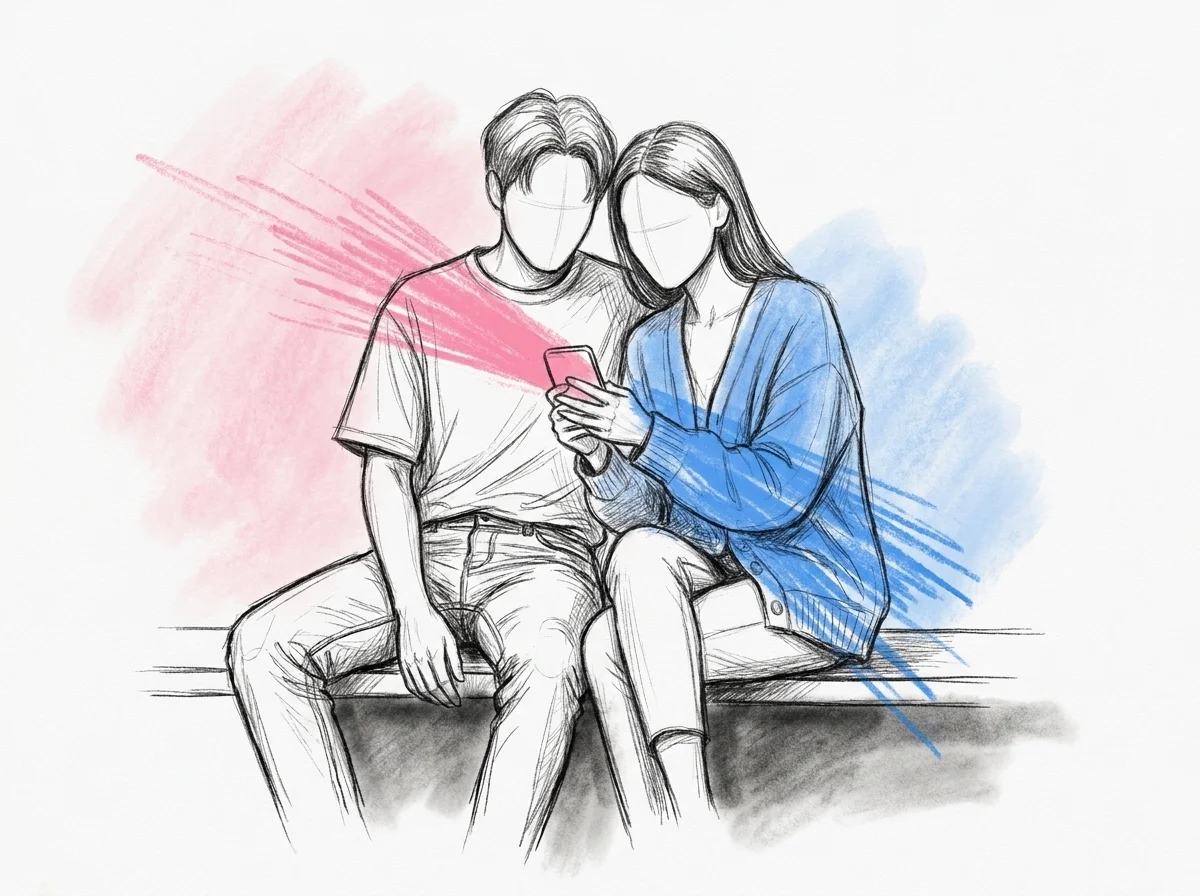 Två nära vänner som sitter tätt intill varandra, den ena håller i en mobil, i ett stilla och känslosamt ögonblick, i Lovios rosa och blå illustrationsstil