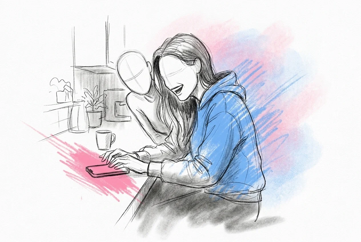 Person som skrattar åt sin mobil mitt i att skriva ett meddelande medan en vän bredvid reagerar, i Lovios rosa och blå illustrationsstil