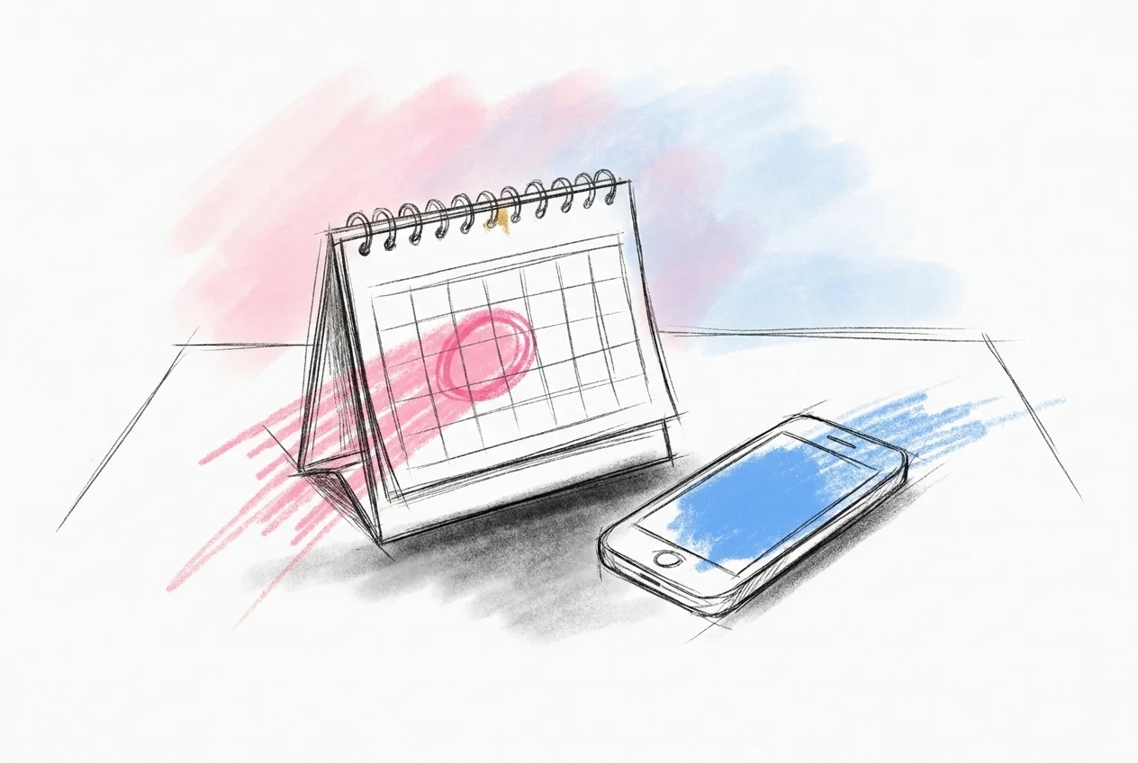 Liten bordskalender med ett datum försiktigt inringat och en mobil med en skickad-ikon bredvid, lugnt och ordnat, i Lovios rosa och blå illustrationsstil