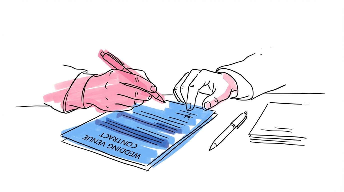 Närbild på händer som skriver under ett kontrakt på ett bord, med en penna och en hög papper bredvid