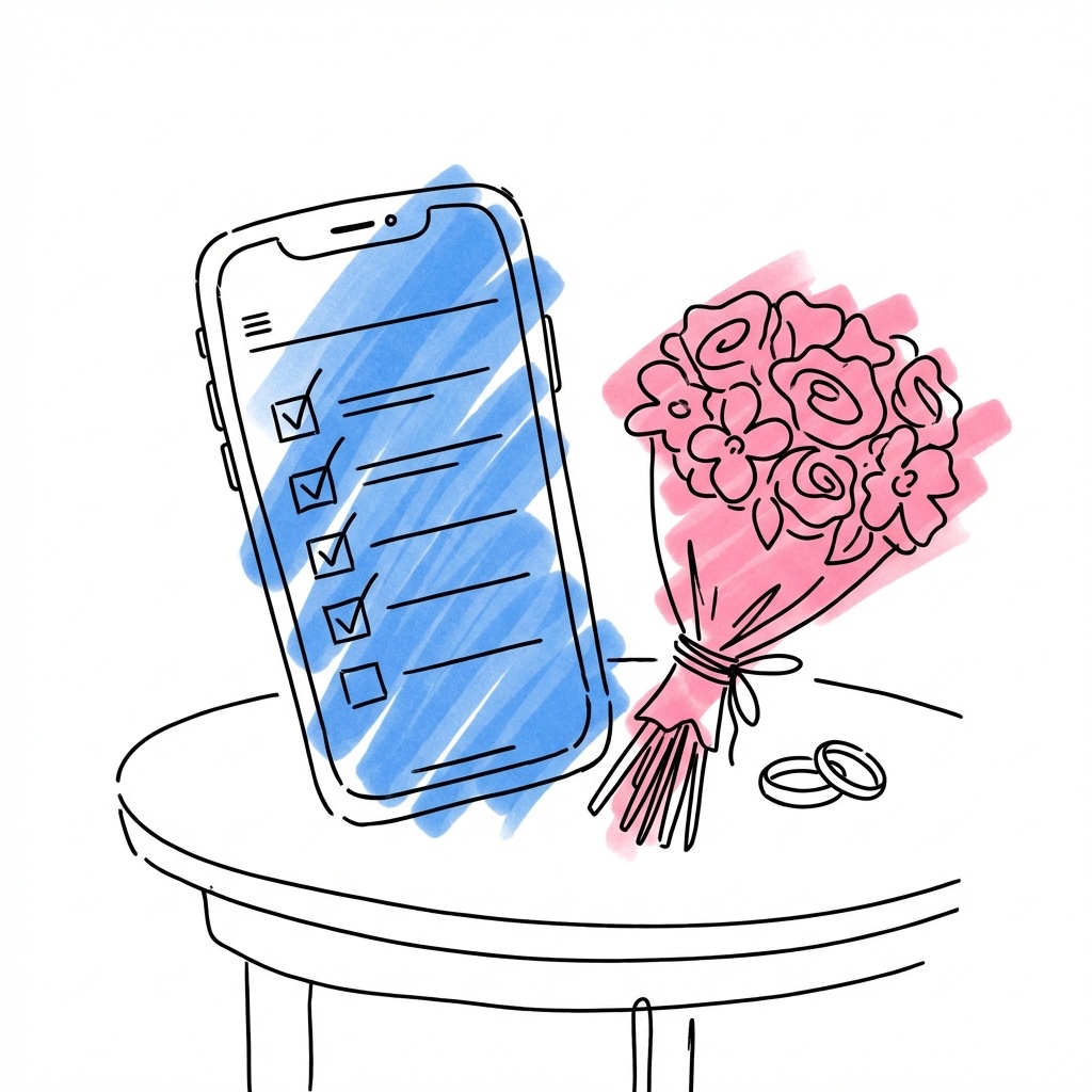 Smartphone som visar en checklisteapp med avkryssade punkter, bredvid en liten bukett och en vigselring på ett bord