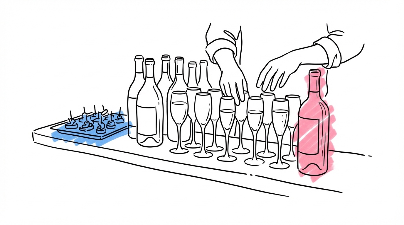 Bardisk med vinflaskor, champagneglas och ett cateringfat med mat, bartender som arrangerar drinkar