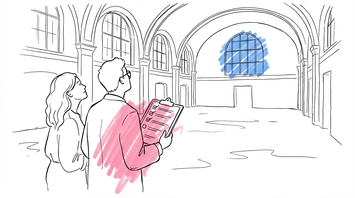 Par som står i en tom festlokal och håller en checklista, tittar runt i rummet tillsammans