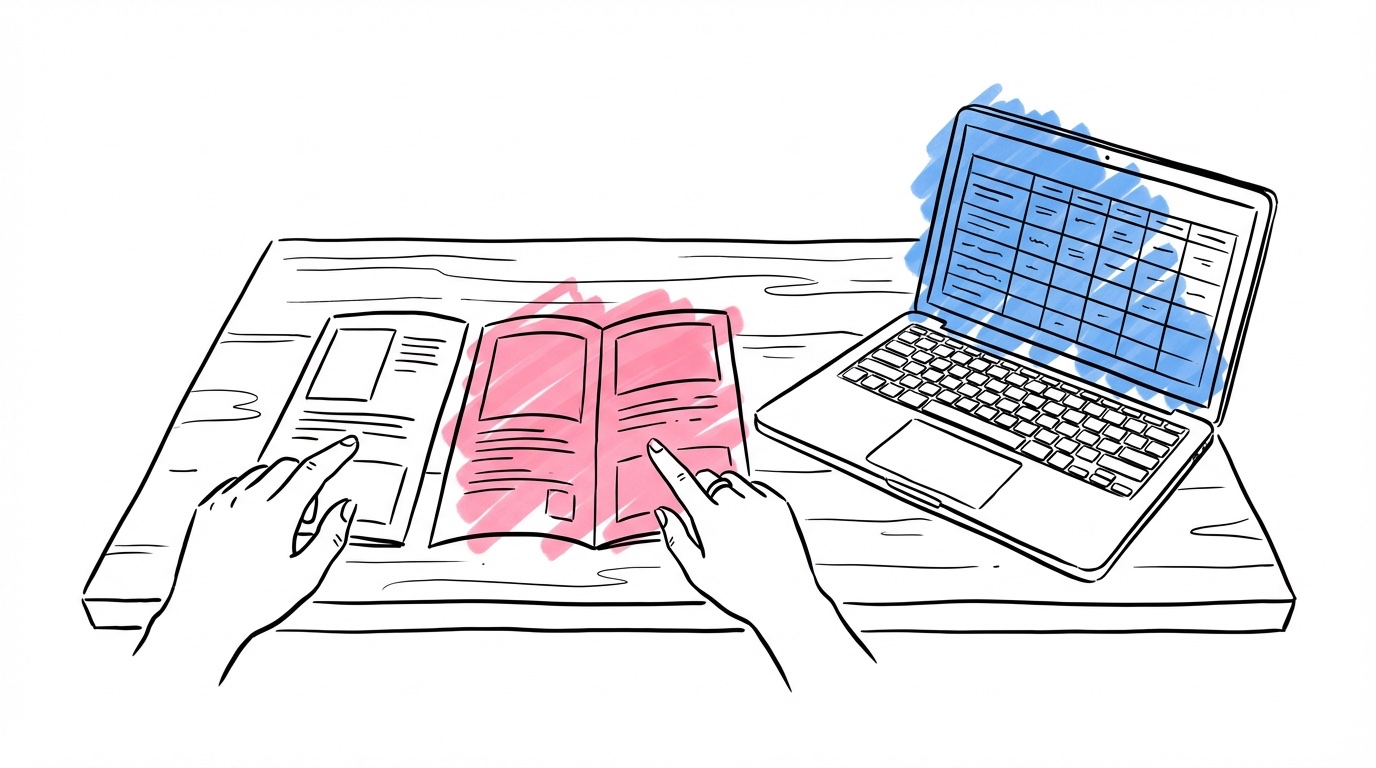 Skrivbord med tre lokalbroschyrer sida vid sida, en laptop öppen med ett kalkylblad och ett pars händer som pekar på jämförelsen