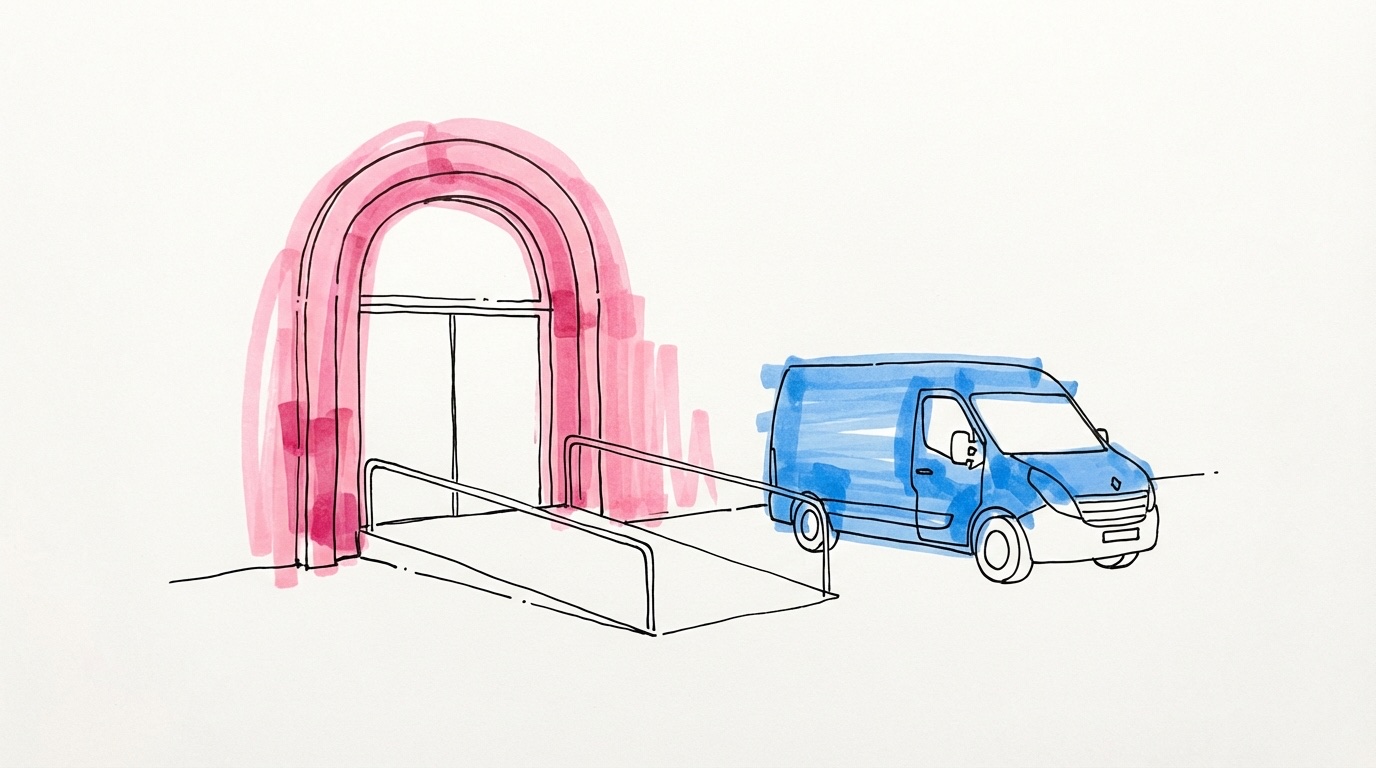 Entré till en bröllopslokal sedd utifrån med en leveransbil parkerad och en rullstolsramp som leder upp till dörren