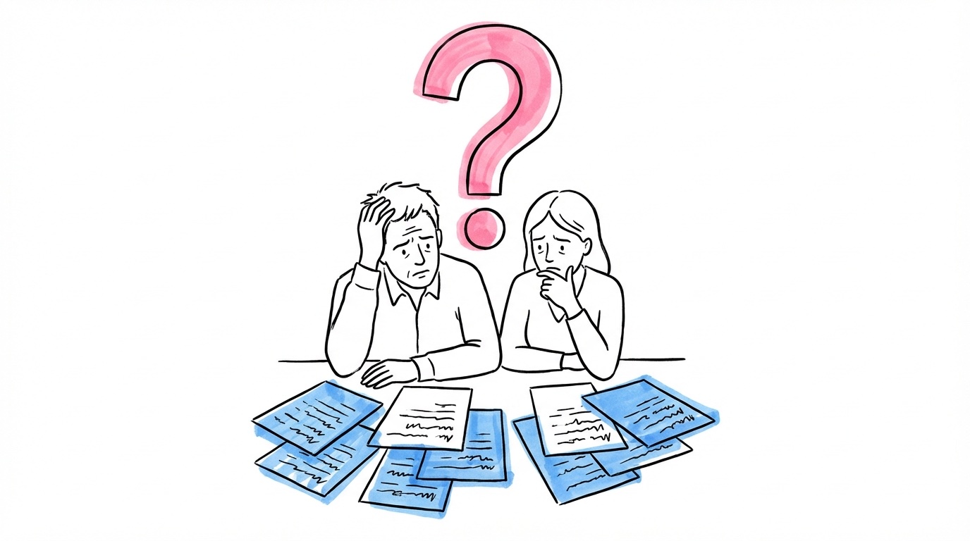 Par vid ett skrivbord som ser oroliga ut, omgivna av utspridda papper och ett kontrakt med ett stort frågetecken ovanför