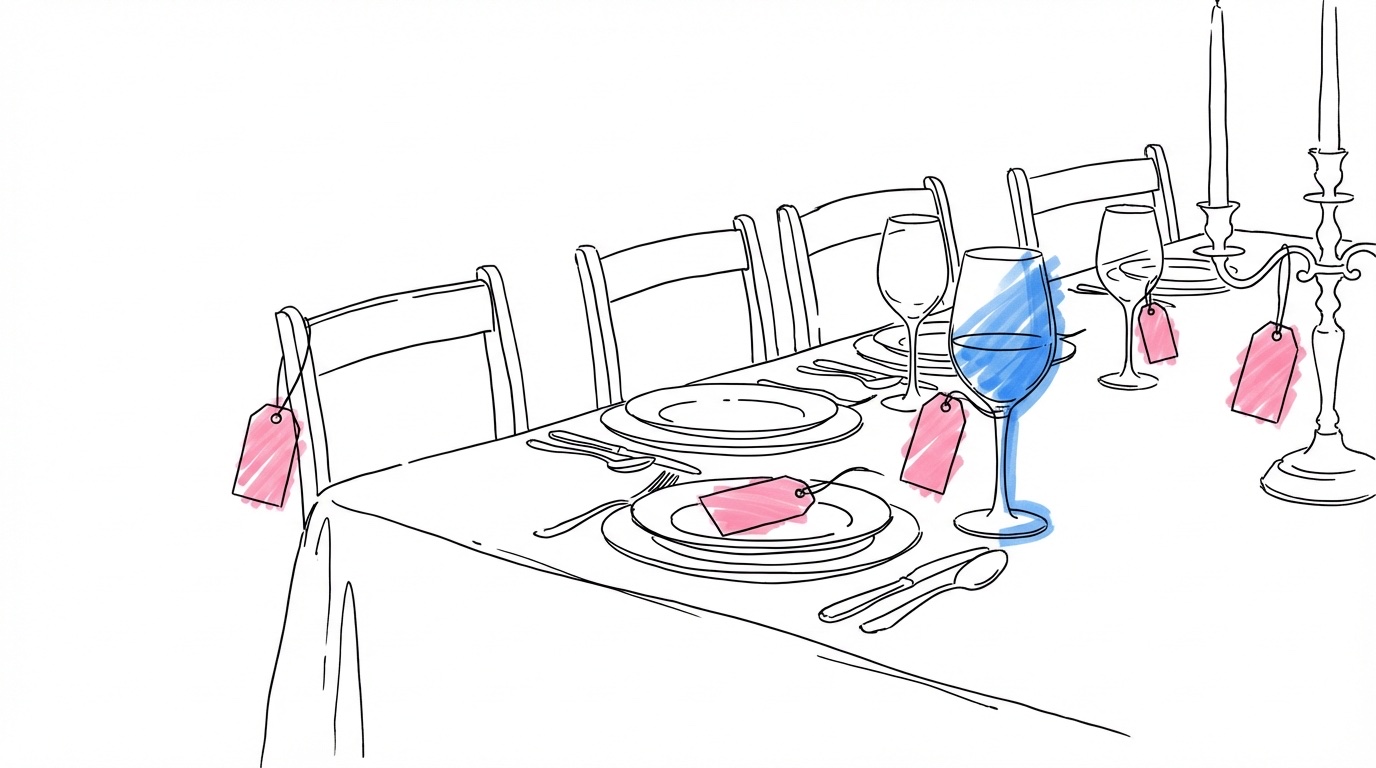 Festdukat bord med tallrikar, glas och stolar i en eventlokal, med prislappar hängande från olika föremål