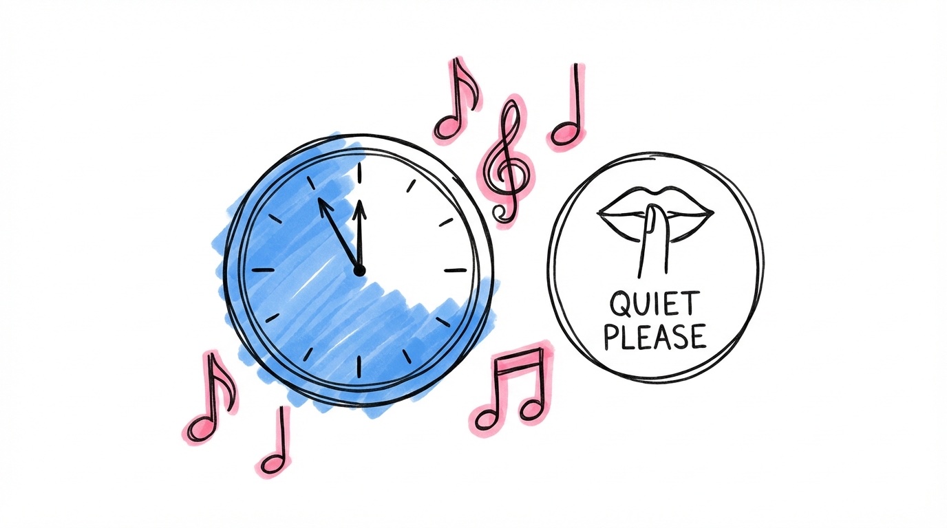 En klocka på en vägg som visar sen kväll, med noter som svävar i luften och en tyst-skylt i närheten
