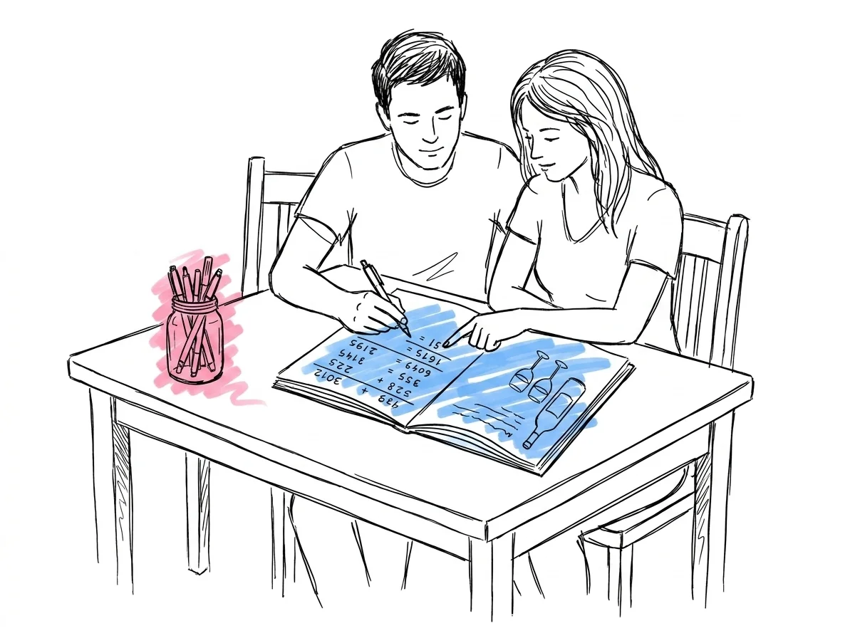 Par räknar alkoholmängd inför fri bar med justeringsfaktorn på ett kalkylblad i Lovios illustrationsstil