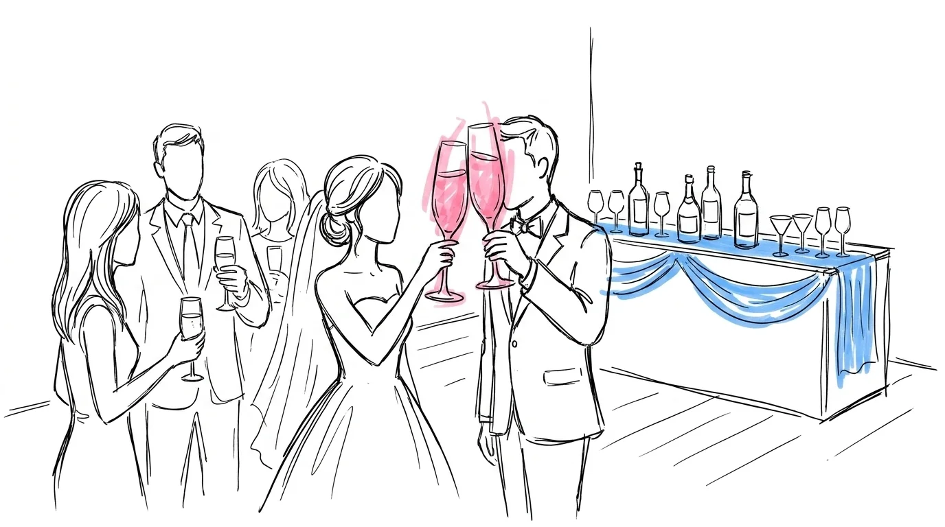 Brudpar och gäster skålar vid en avslappnad fri bar under bröllopskvällen i Lovios illustrationsstil
