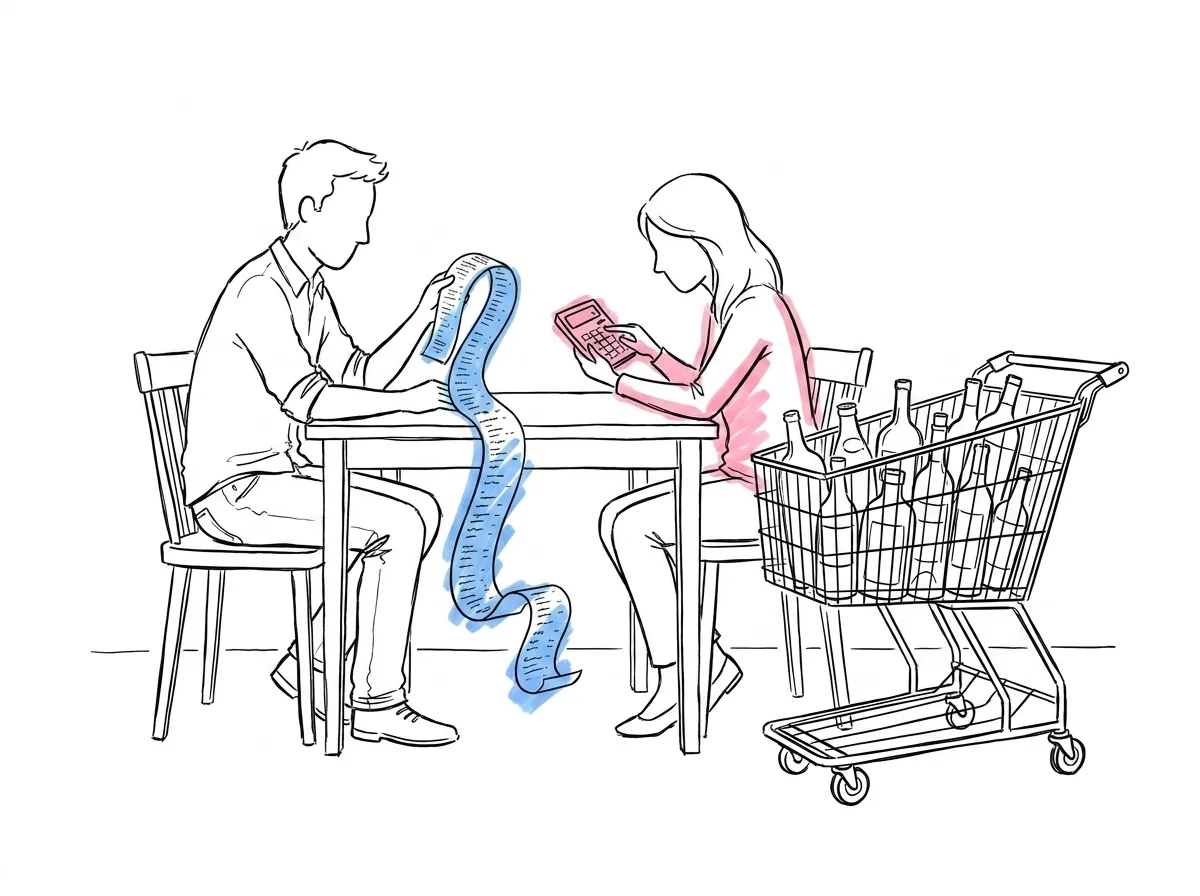 Brudpar går igenom Systembolaget-kvitto och kostnad för fri bar inför bröllopet i Lovios illustrationsstil