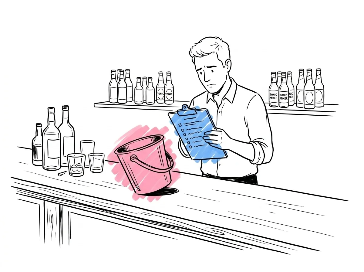 Bartender kontrollerar lager mitt under fri bar — tom ishink och inventarielista i Lovios illustrationsstil
