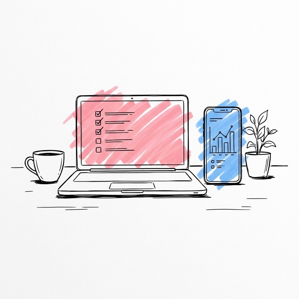 Laptop och telefon sida vid sida på ett rent skrivbord, laptopen visar en planeringschecklista och telefonen en budgetöversikt, i Lovios rosa och blå illustrationsstil