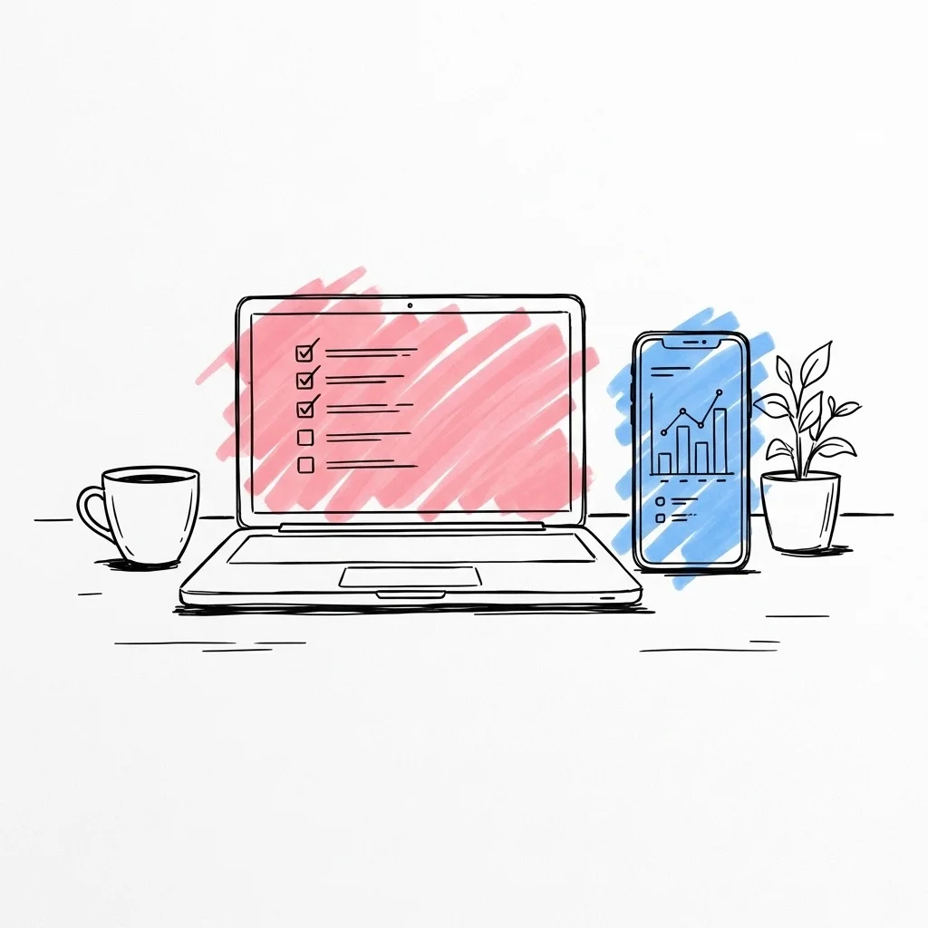 Laptop och telefon sida vid sida på ett rent skrivbord, laptopen visar en planeringschecklista och telefonen en budgetöversikt, i Lovios rosa och blå illustrationsstil