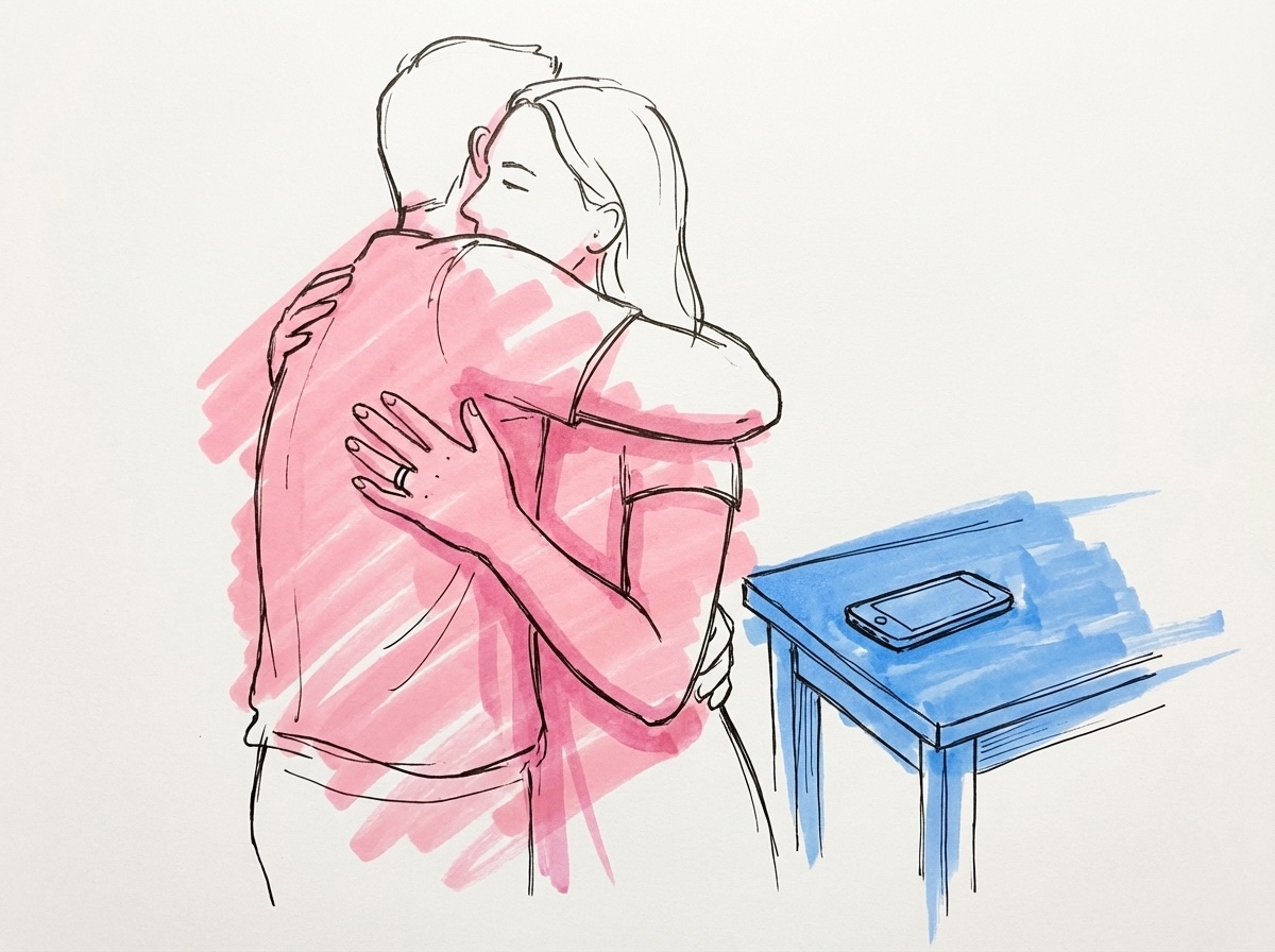 Par som omfamnar varandra, en persons hand vilar på den andras rygg och visar en ring på fingret, med en telefon nedvänd på bordet bredvid, i Lovios rosa och blå illustrationsstil