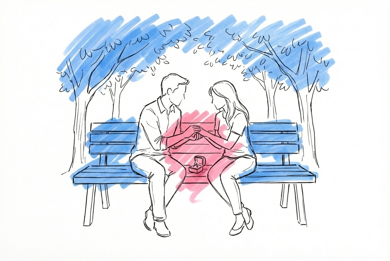 Två personer som sitter på en parkbänk mittemot varandra, en håller den andras händer med en ringask mellan dem, i Lovios rosa och blå illustrationsstil