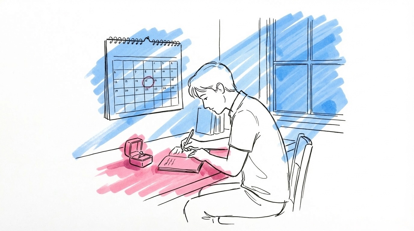 Person som sitter vid ett skrivbord hemma och skriver i en anteckningsbok med en ringask bredvid, i Lovios rosa och blå illustrationsstil