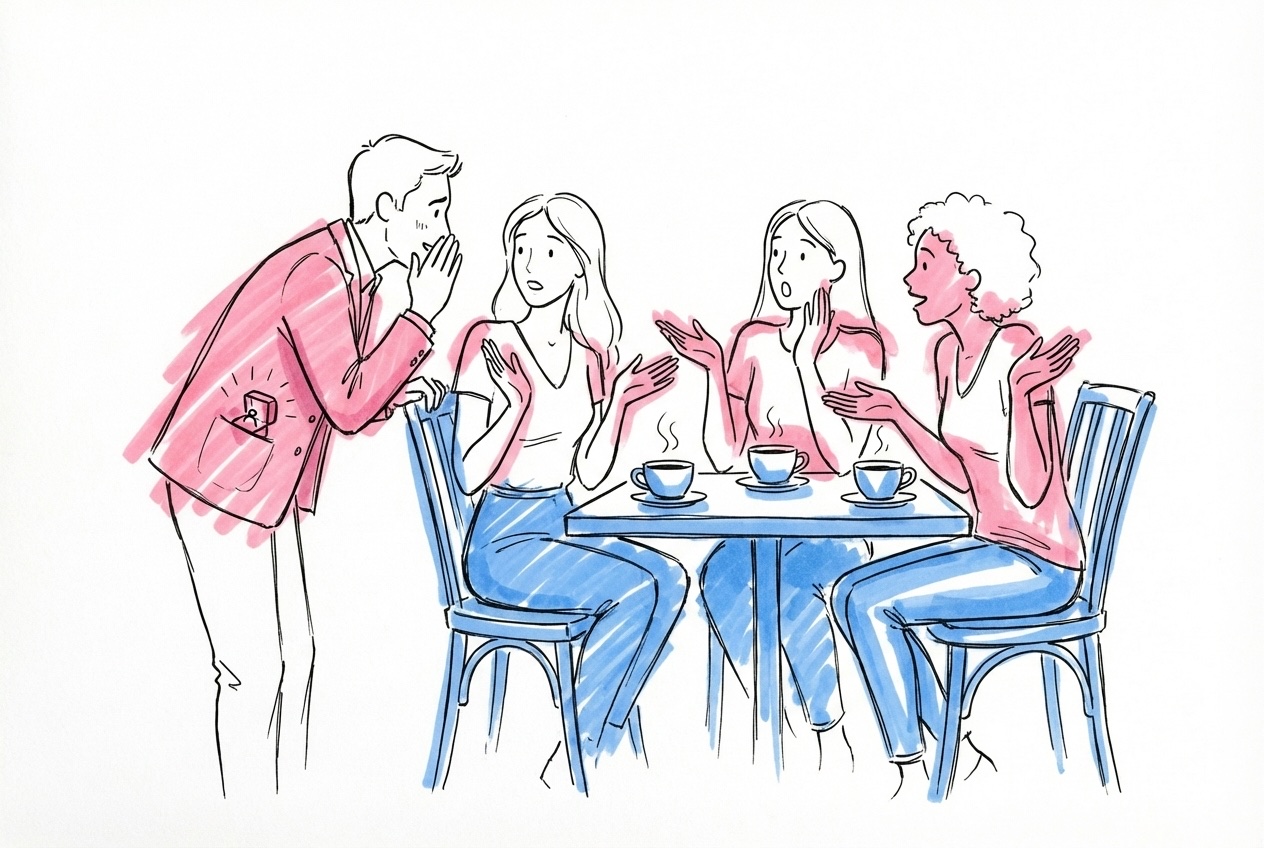 Person som nervöst viskar till flera olika vänner på ett kafé med en ringask som sticker ut ur en kavajficka, i Lovios rosa och blå illustrationsstil