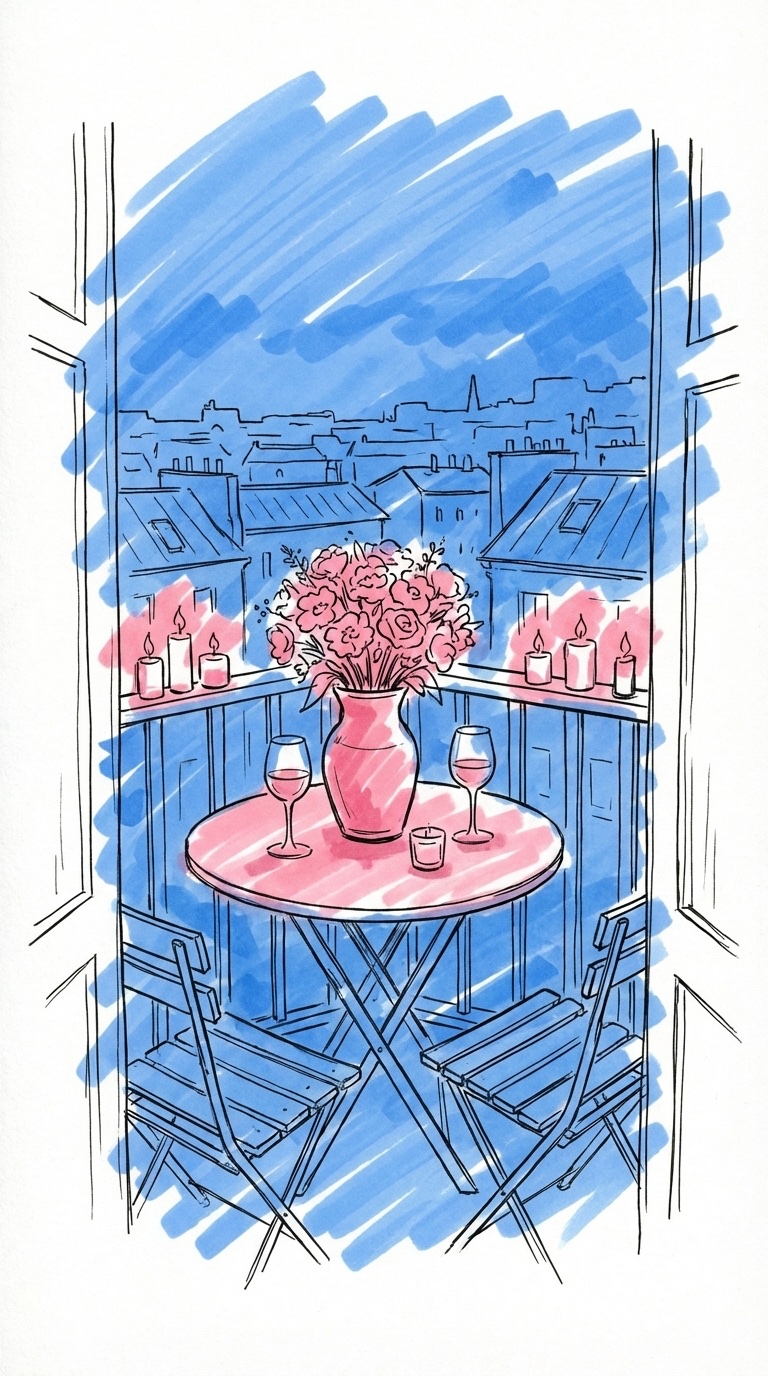 Mysig balkong med ljus, ett litet bord dukat för två med blommor och vinglas, med stadssilhuett i bakgrunden, i Lovios rosa och blå illustrationsstil