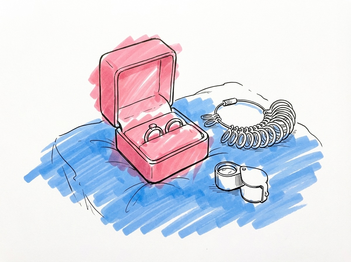 Öppen ringask med två enkla förlovningsringar på en sammetsdyna, med ett mätverktyg och en juvelerares lupp bredvid, i Lovios rosa och blå illustrationsstil