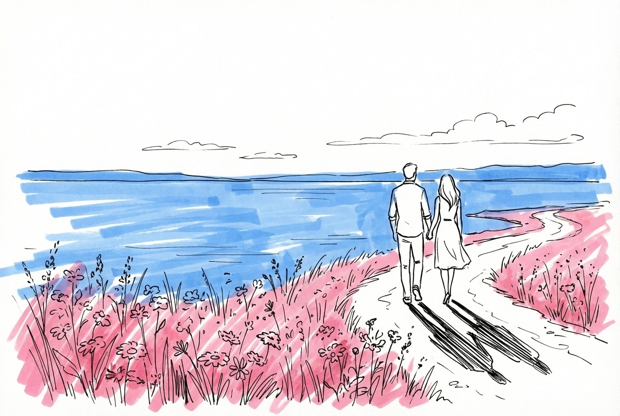 Par som promenerar längs ett vattenbryn en midsommarkväll med vildblommor i förgrunden och långa skuggor, i Lovios rosa och blå illustrationsstil