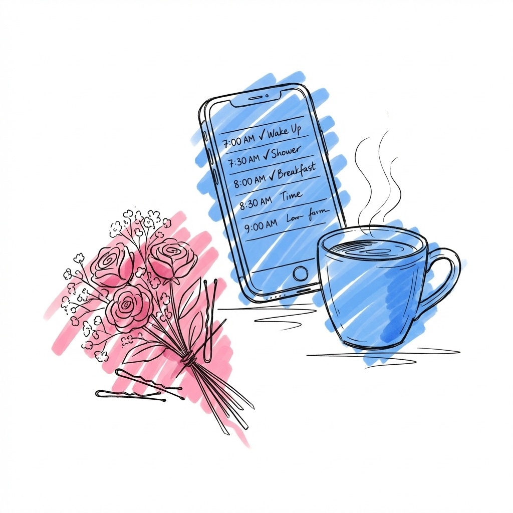 Telefon med morgonschema och tidsluckor bredvid kaffekopp och hårblommor