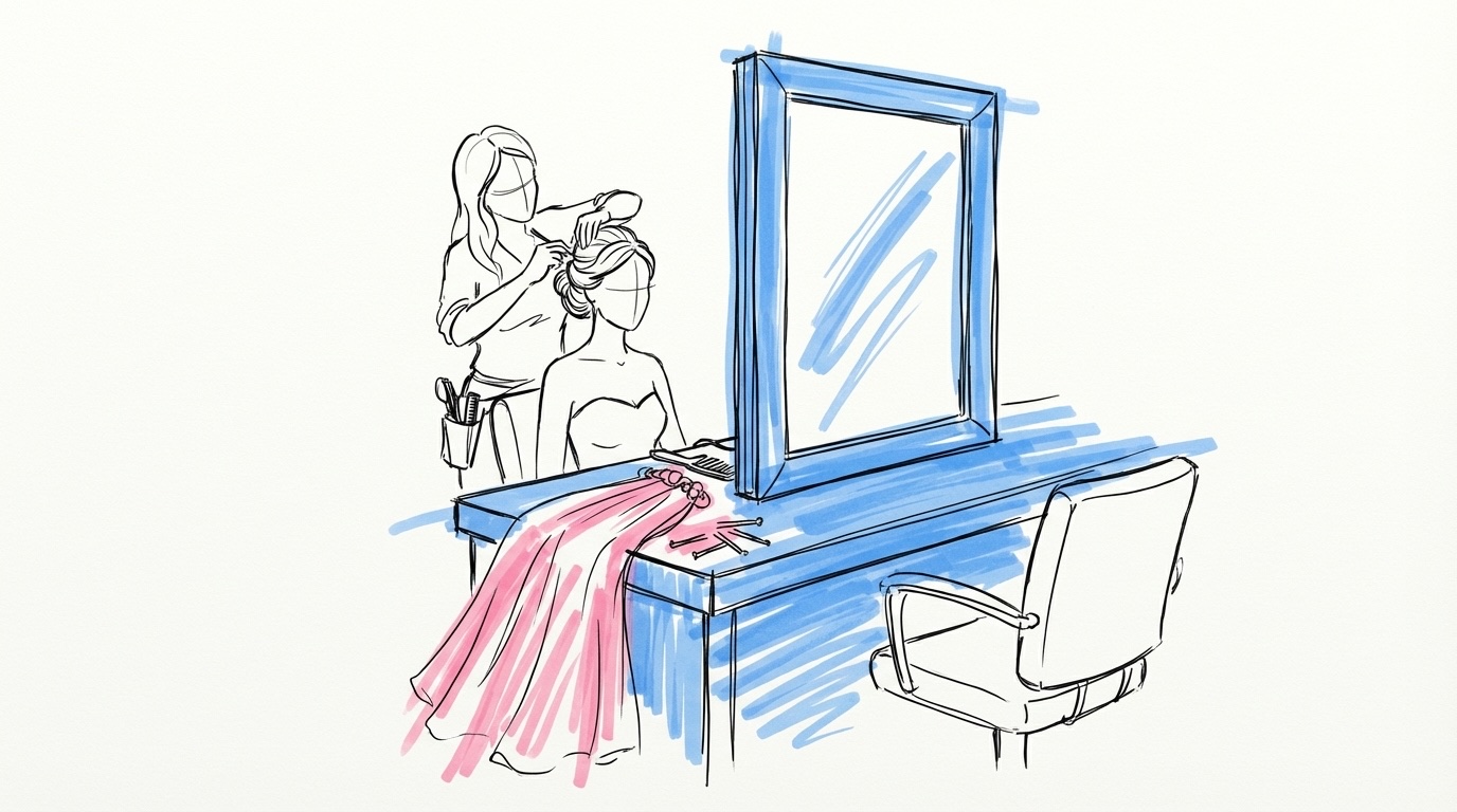 Brud vid stylingstation med frisör som arbetar med uppsättning, spegel och hårspännen i Lovios rosa och blå illustrationsstil