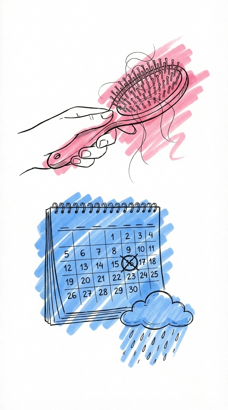 Hand med hårborste, kalender med överkryssat datum och regnmoln i Lovios rosa och blå stil