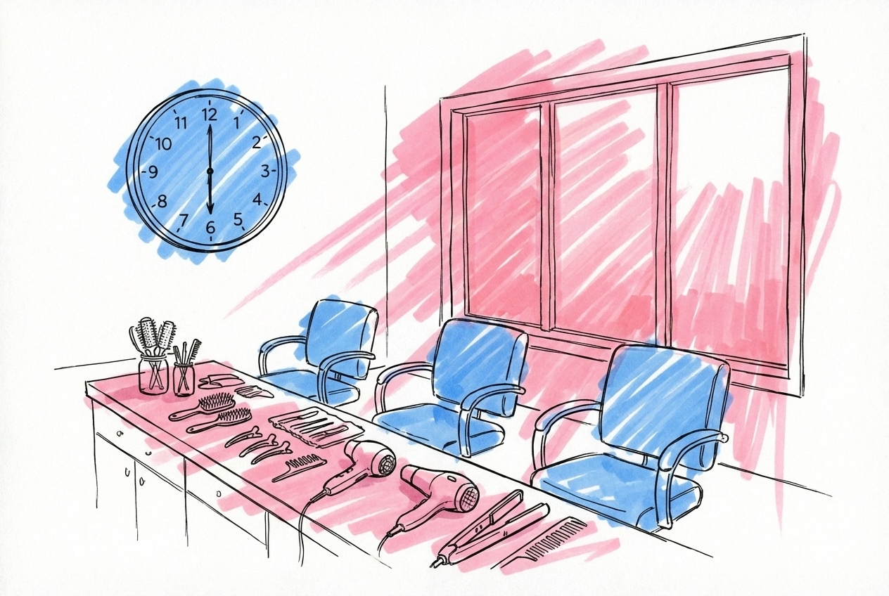 Tidig morgonscen med klocka som visar 06:30, stylingplatser i rad och soluppgång genom fönster i Lovios stil