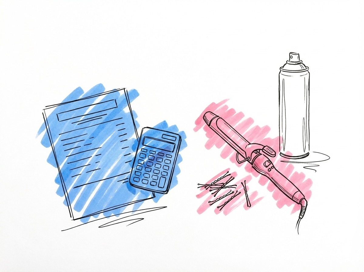 Prislista bredvid stylingverktyg — locktång, hårspännen och hårspray i Lovios rosa och blå stil