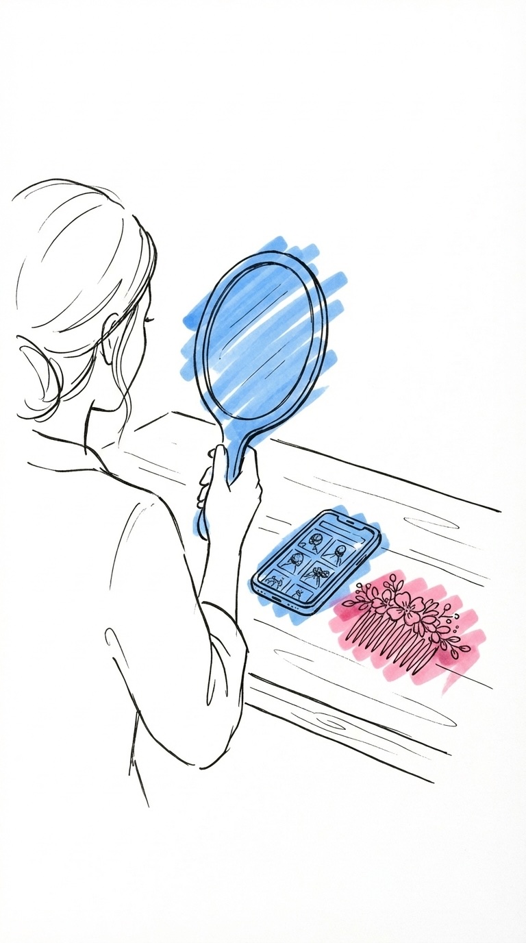 Kvinna som tittar i handspegel med inspirationsbilder och brudaccessoar på bordet i Lovios stil