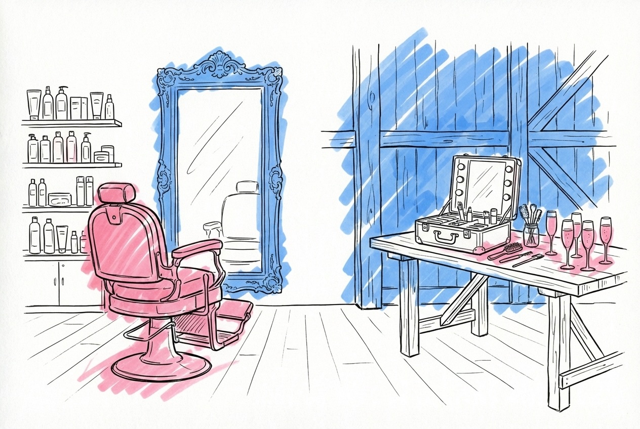 Delad scen med salongsstol och spegel på ena sidan, portabel stylingplats med champagneglas på andra i Lovios stil