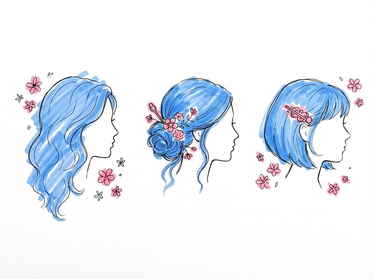 Tre siluetter med olika brudfrisyrer — lösa vågor, låg knut och kort bob med hårnål, blommor runtom i Lovios stil