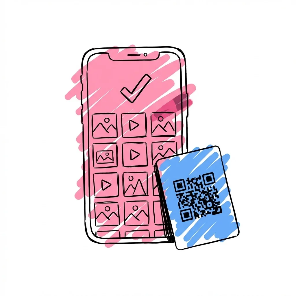 Telefon som visar en bild som laddas upp via QR-kod, med ett rutnät av gästfoton och videohälsningar på skärmen