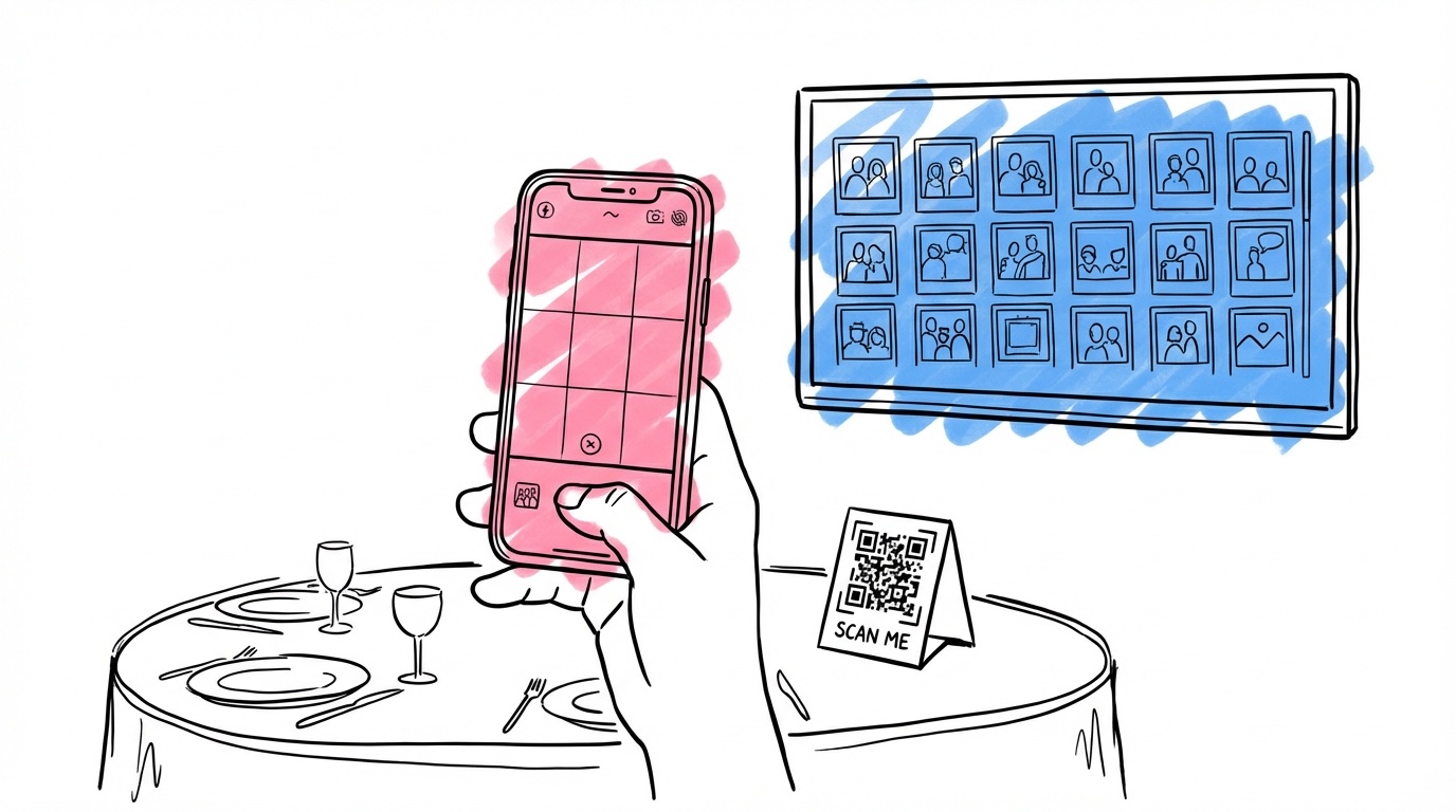 Gäst som håller upp en telefon efter att ha skannat en QR-kod, med en TV i bakgrunden som visar livebildspel av gästfoton