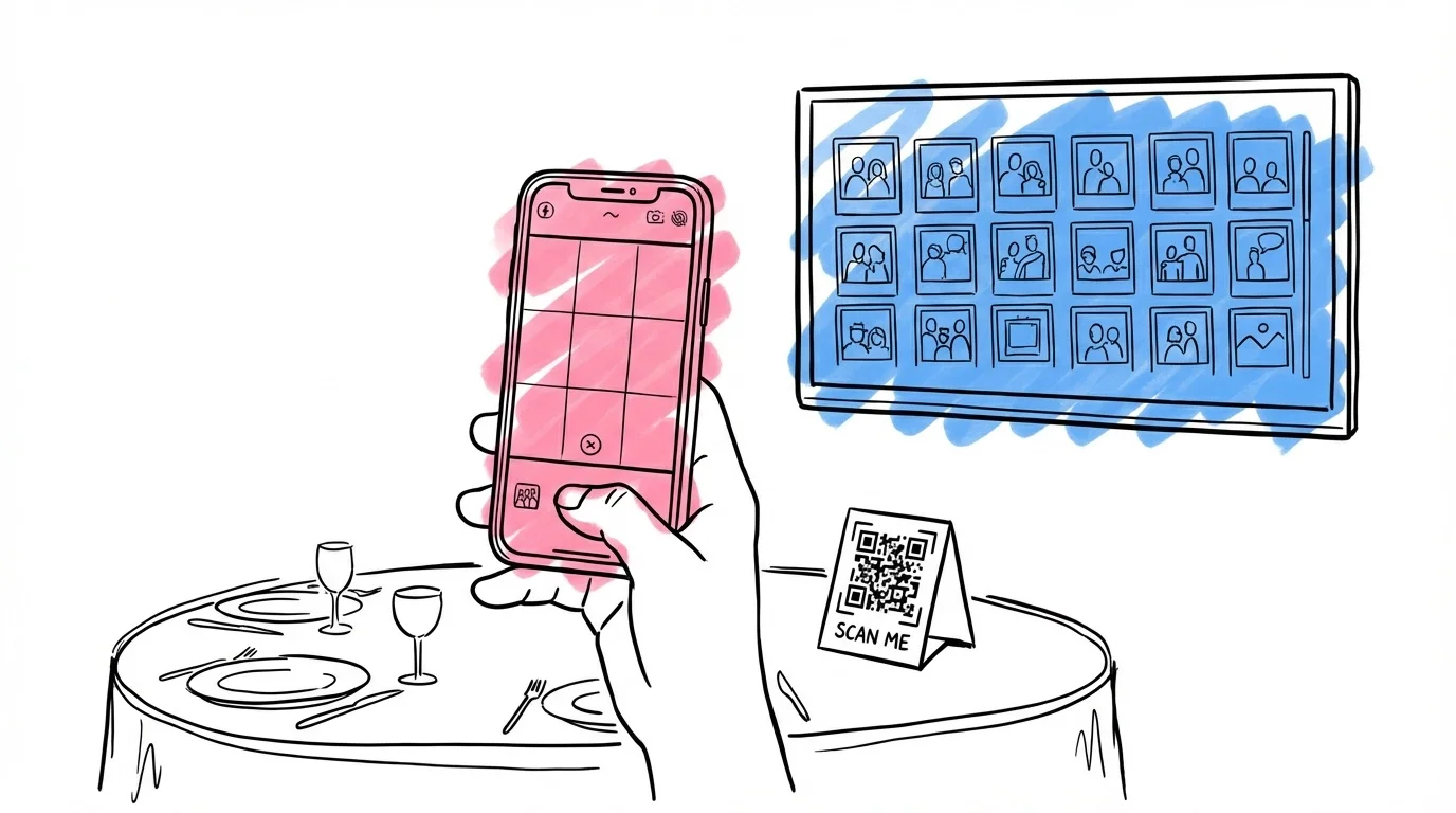 Gäst som håller upp en telefon efter att ha skannat en QR-kod, med en TV i bakgrunden som visar livebildspel av gästfoton