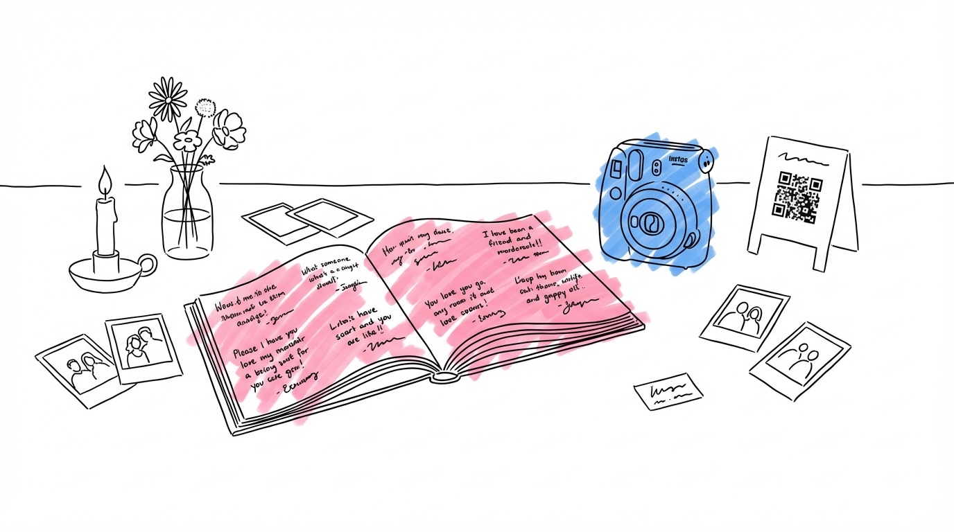 Gästboksstation på ett bröllop med öppen bok, polaroidkamera, QR-kodställ och spridda foton omgivna av blommor och ljus