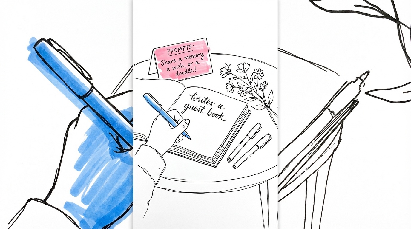 Närbild på en elegant gästbok öppen på ett bord, med en hand som skriver, pennor bredvid och ett instruktionskort