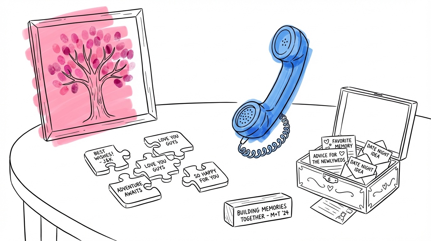 Collage med kreativa gästboksalternativ: polaroidkamera, fingeravtrycksträd, pusselbitar i trä, retro telefonlur och minneslåda