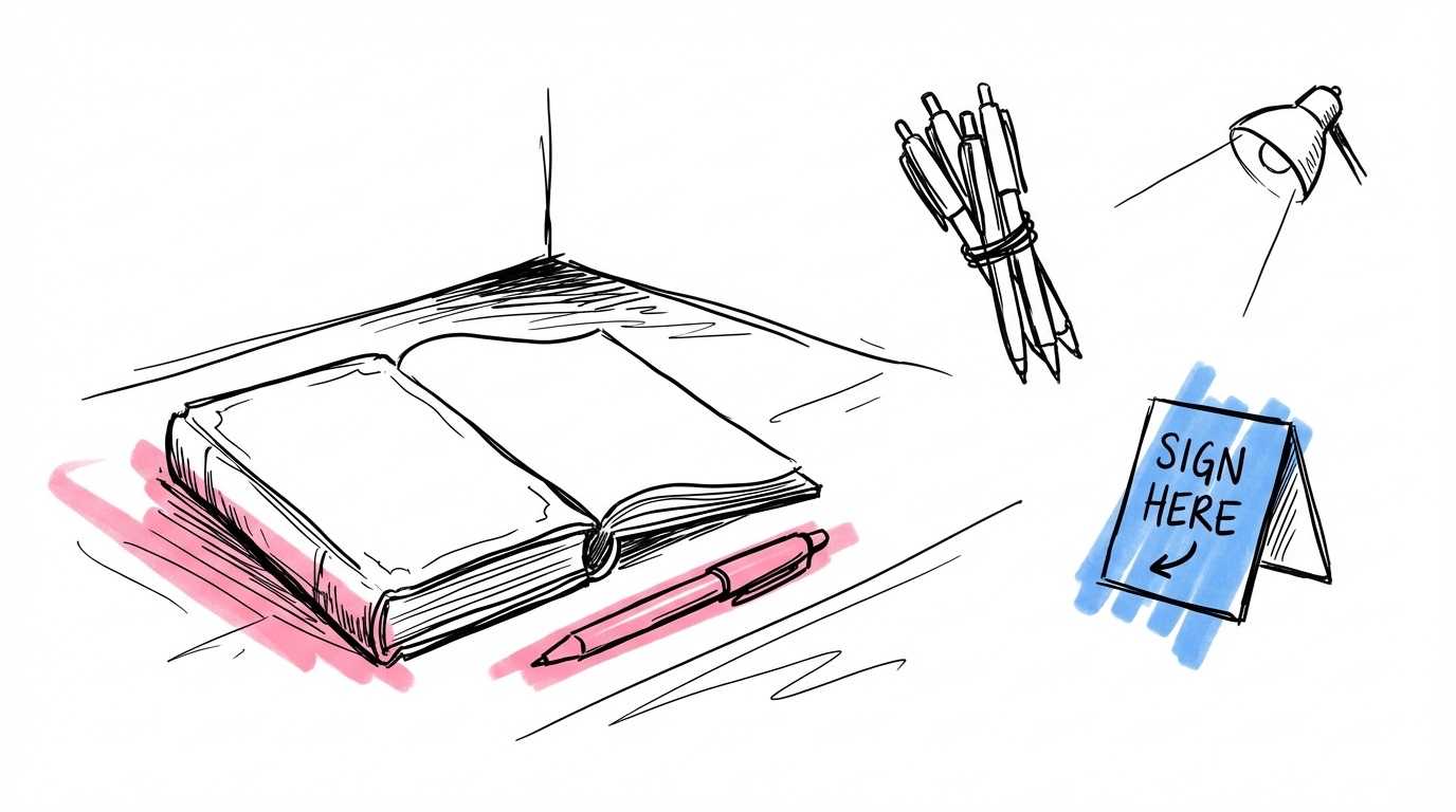 Ensam gästbok i ett mörkt hörn med en enda penna som är slut på bläck, utan skylt eller instruktioner