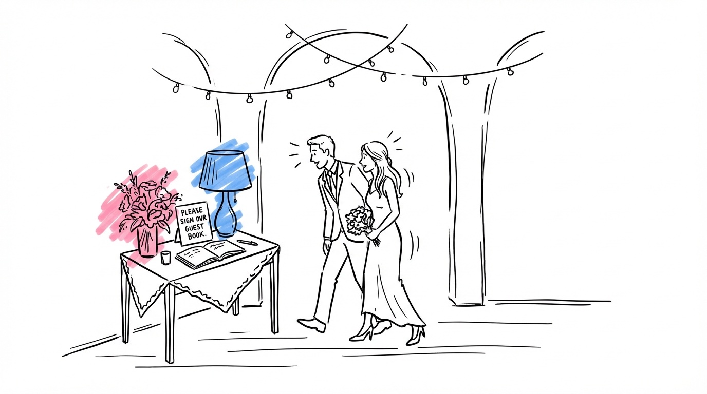 Bröllopslokalens entré med en välbelyst gästboksstation vid sidan — dekorerat bord med bok, lampa, blommor och skylt