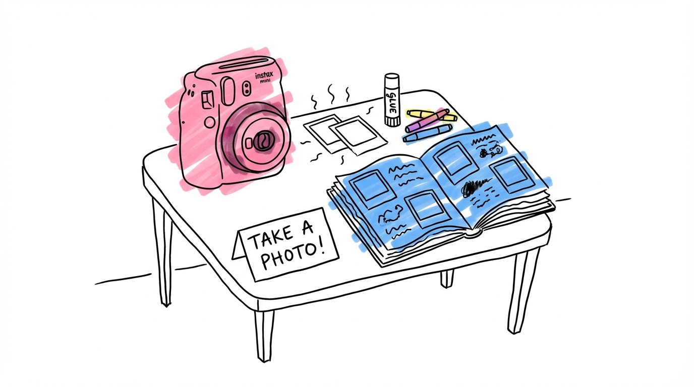Polaroid gästboksstation med Instax-kamera, spridda polaroidbilder, öppet album med inklistrade foton och handskrivna hälsningar